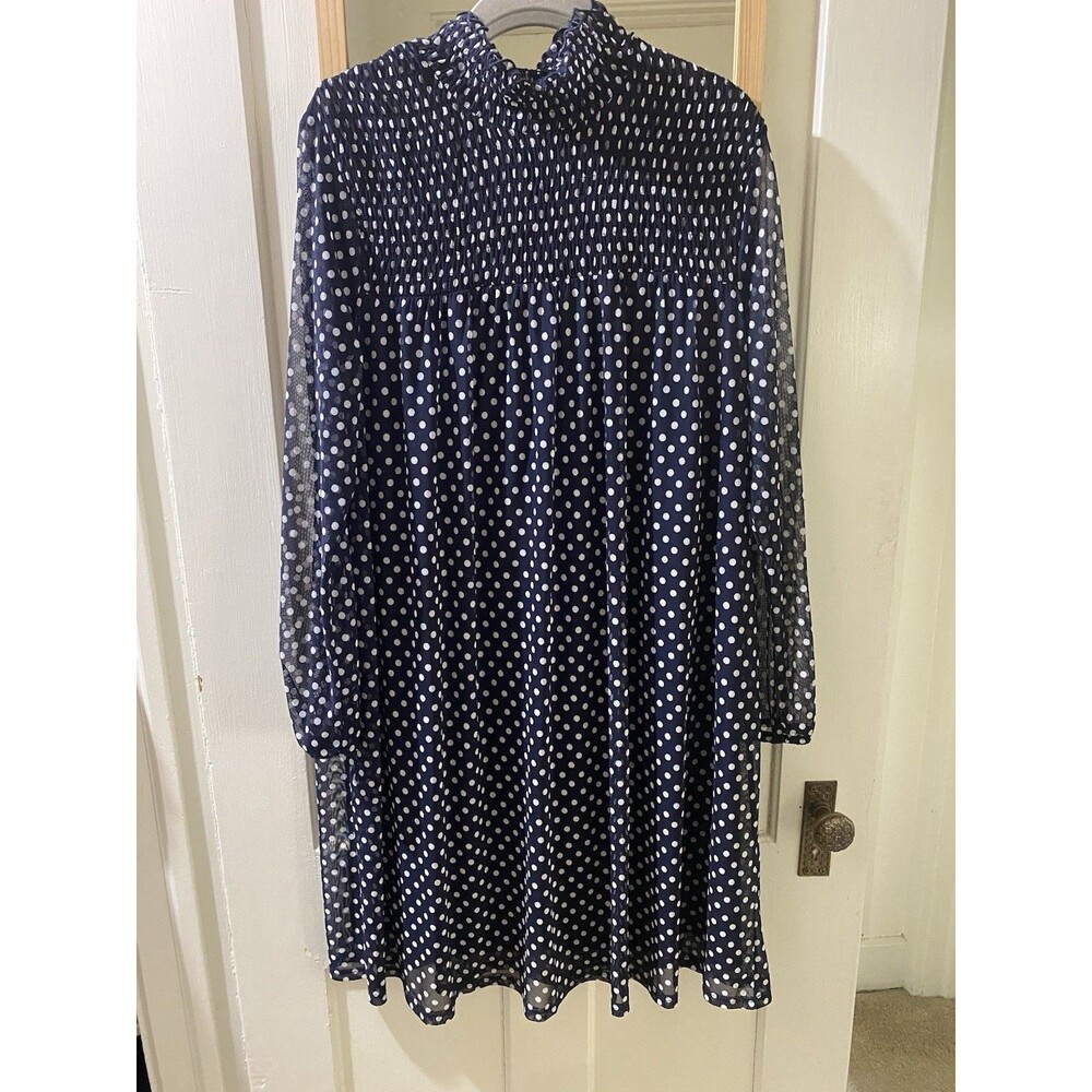 Stella & Julie Navy Blue White Polka Dot Mock Neck Smocked Shift Dress Size 14w